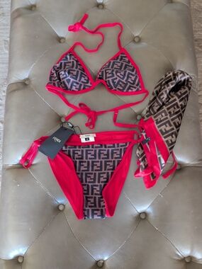 BROWN N RED Multicolor Monogram Bikini Set With Head Scarf Size S!